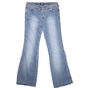 Angels Flare Jeans Women 16 Blue Good Button Fly High Rise Raw Hem Stretch